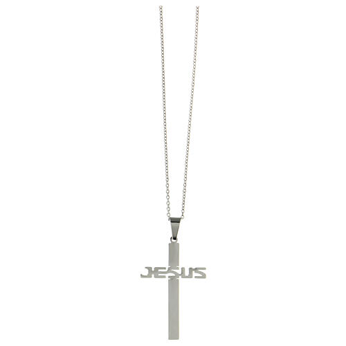 Cross-shaped pendant JESUS, supermirror stainless steel, 1.8x1.2 in 1