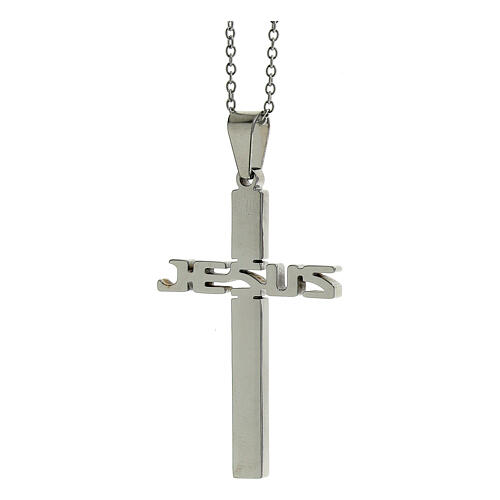 Cross-shaped pendant JESUS, supermirror stainless steel, 1.8x1.2 in 2