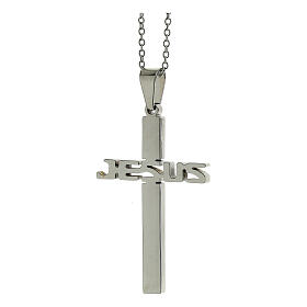 Croix pendentif JESUS acier supermirror argent noir 4,5x3 cm