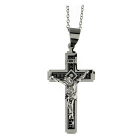 Cross pendant with abstract black pattern, supermirror stainless steel, 2x1.2 in
