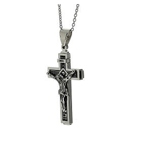 Cross pendant with abstract black pattern, supermirror stainless steel, 2x1.2 in
