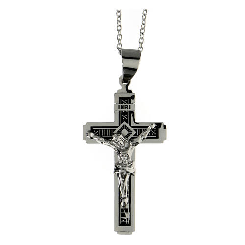 Cross pendant with abstract black pattern, supermirror stainless steel, 2x1.2 in 1