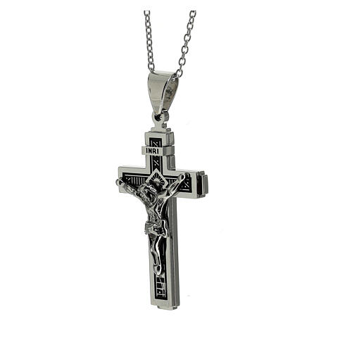 Cross pendant with abstract black pattern, supermirror stainless steel, 2x1.2 in 2