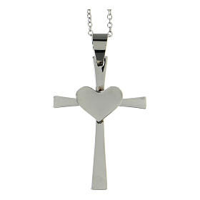 Cross pendant with heart, supermirror stainless steel, 1.6x1 in
