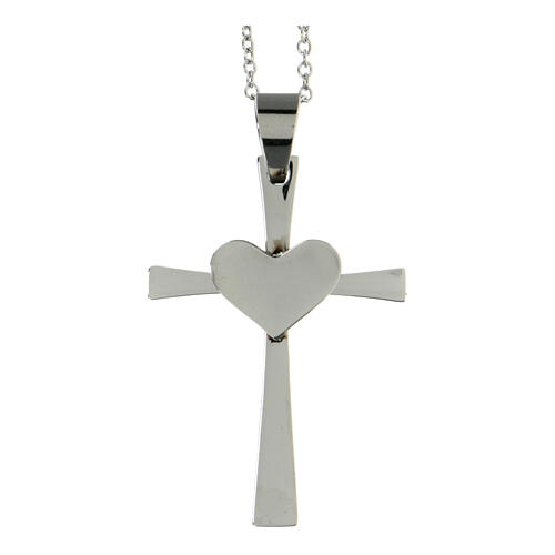 Cross pendant with heart, supermirror stainless steel, 1.6x1 in 1