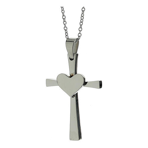 Cross pendant with heart, supermirror stainless steel, 1.6x1 in 2