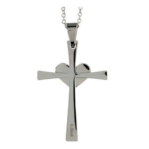 Cross pendant with heart, supermirror stainless steel, 1.6x1 in 3