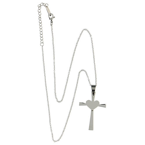 Cross pendant with heart, supermirror stainless steel, 1.6x1 in 4