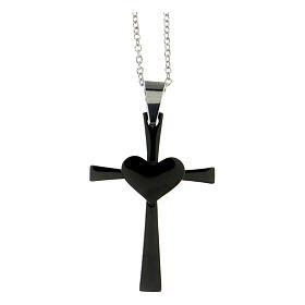 Black cross pendant with heart, supermirror stainless steel, 1.6x1 in