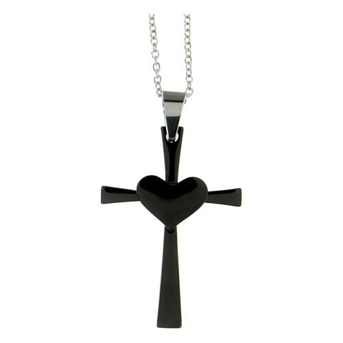 Black cross pendant with heart, supermirror stainless steel, 1.6x1 in 1