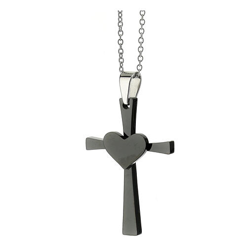 Black cross pendant with heart, supermirror stainless steel, 1.6x1 in 2