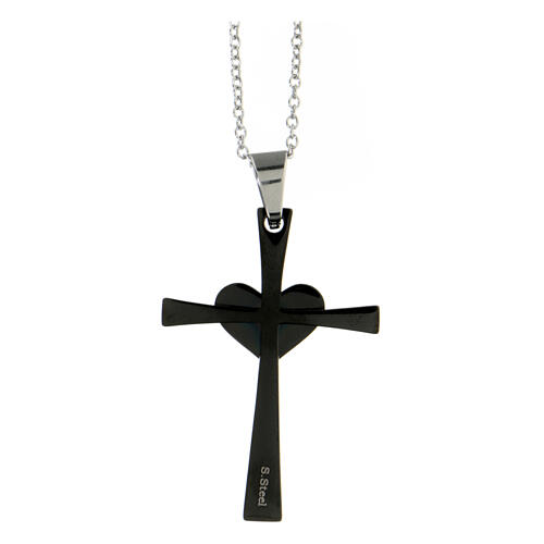 Black cross pendant with heart, supermirror stainless steel, 1.6x1 in 3