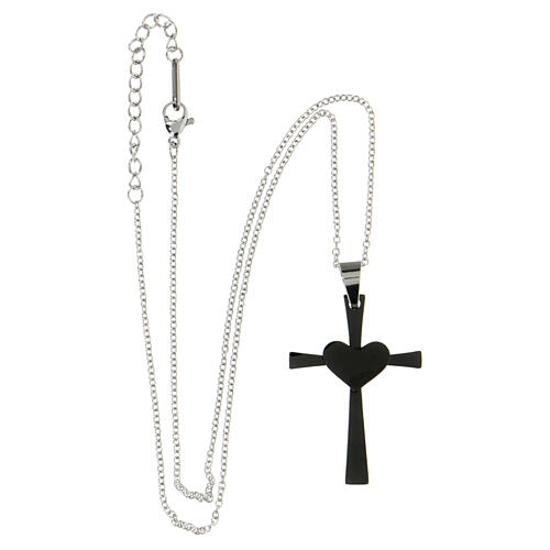 Black cross pendant with heart, supermirror stainless steel, 1.6x1 in 4