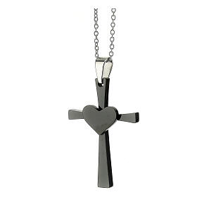 Black cross heart necklace supermirror steel 4x2.5 cm