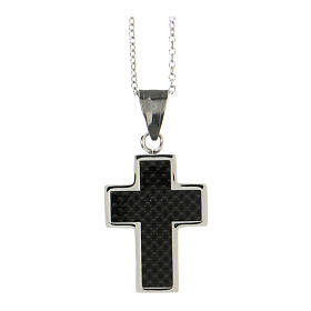 Latin cross pendant with carbon fibre finish, supermirror stainless steel, 1.6x1.2 in