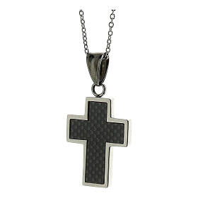 Latin cross pendant with carbon fibre finish, supermirror stainless steel, 1.6x1.2 in