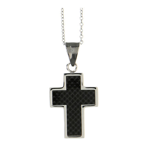 Latin cross pendant with carbon fibre finish, supermirror stainless steel, 1.6x1.2 in 1