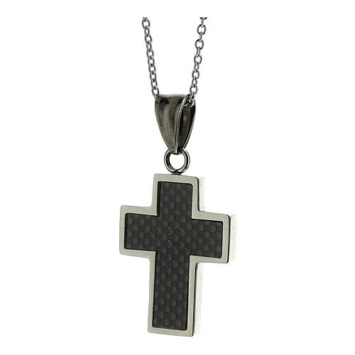 Latin cross pendant with carbon fibre finish, supermirror stainless steel, 1.6x1.2 in 2