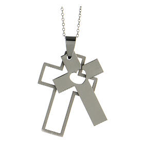 Cross pendant with cut-out heart, supermirror stainless steel 1.6x1 in