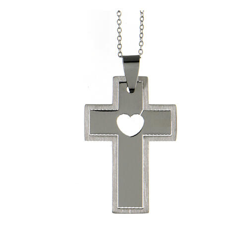 Cross pendant with cut-out heart, supermirror stainless steel 1.6x1 in 1