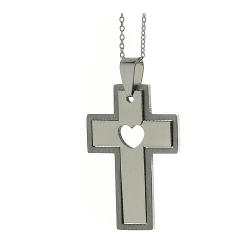 Cross pendant with cut-out heart, supermirror stainless steel 1.6x1 in 3