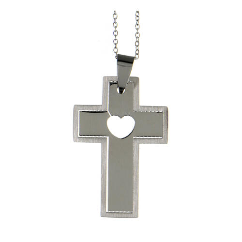 Cross pendant with cut-out heart, supermirror stainless steel 1.6x1 in 4