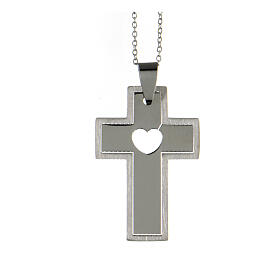 Croix pendentif coeur ajouré acier supermirror 4x2,5 cm