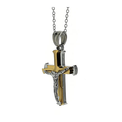 Bicoloured cross pendant with body of Christ, supermirror stainless steel, 1x0.6 in 2
