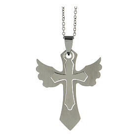 Double cross pendant with wings, supermirror stainless steel, 1.6x1.2 in