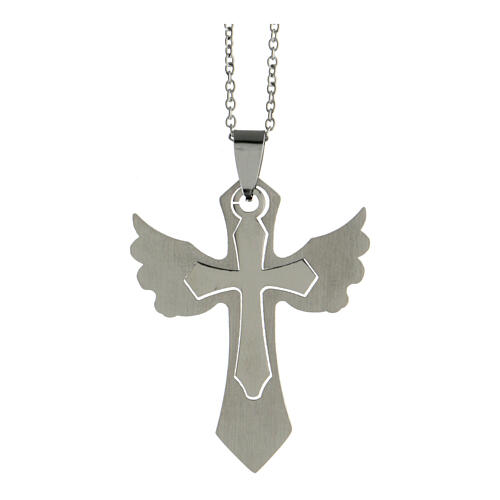 Double cross pendant with wings, supermirror stainless steel, 1.6x1.2 in 1