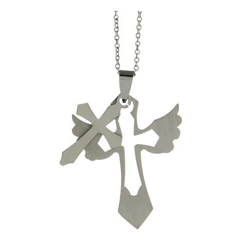 Double cross pendant with wings, supermirror stainless steel, 1.6x1.2 in 3