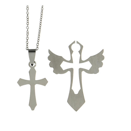 Double cross pendant with wings, supermirror stainless steel, 1.6x1.2 in 4
