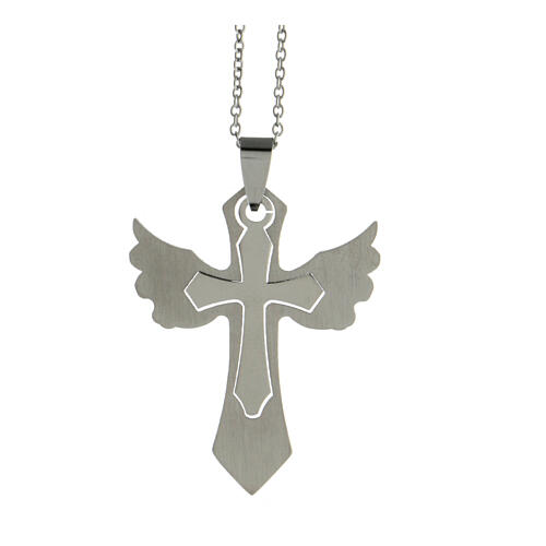 Double cross pendant with wings, supermirror stainless steel, 1.6x1.2 in 6