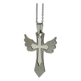 Supermirror steel cross wings necklace 4x3 cm