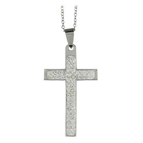 Cross pendant with white zircons, supermirror stainless steel, 1.8x1 in