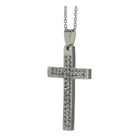 Cross pendant with white zircons, supermirror stainless steel, 1.8x1 in