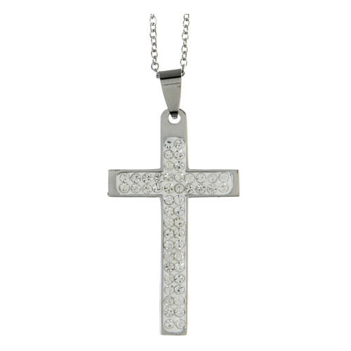 Cross pendant with white zircons, supermirror stainless steel, 1.8x1 in 1