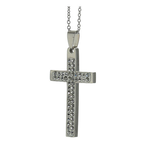 Cross pendant with white zircons, supermirror stainless steel, 1.8x1 in 2