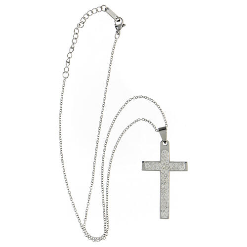 Cross pendant with white zircons, supermirror stainless steel, 1.8x1 in 4
