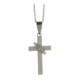 Necklace with cross and heart, supermirror stainless steel, 1.5x1 in