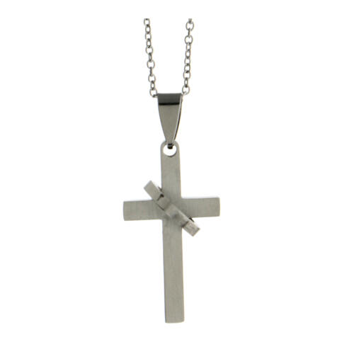 Necklace with cross and heart, supermirror stainless steel, 1.5x1 in 1