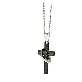 Cross pendant with heart and Lord's prayer, supermirror stainless steel, 1.5x1 in