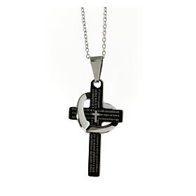 Heart cross pendant necklace Our Father supermirror steel 4x2 cm