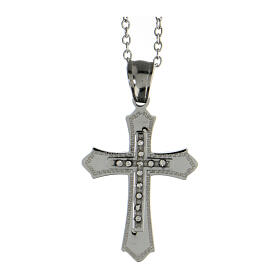 Cross pendant with meander motif and zircons, supermirror stainless steel, 1x0.8 in