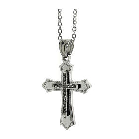 Cross pendant with meander motif and zircons, supermirror stainless steel, 1x0.8 in
