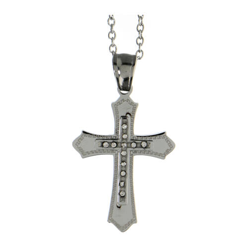Cross pendant with meander motif and zircons, supermirror stainless steel, 1x0.8 in 1