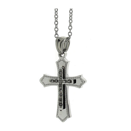 Cross pendant with meander motif and zircons, supermirror stainless steel, 1x0.8 in 2