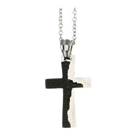 Bicouloured cross pendant with broken black layer, supermirror stainless steel, 1.2x0.8 in