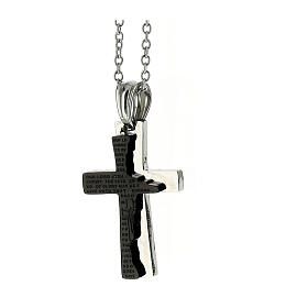 Bicouloured cross pendant with broken black layer, supermirror stainless steel, 1.2x0.8 in