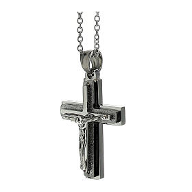 Three layered cross pendant with body of Christ, supermirror stainless steel, 1.2x1 in